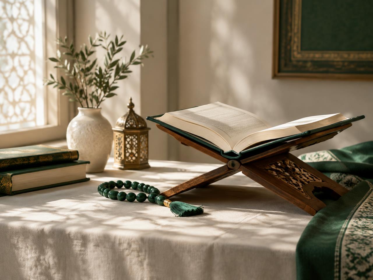 Open book on a wooden Qur'an stand with prayer beads
